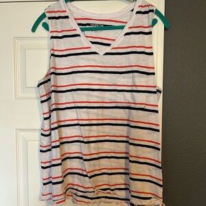 Time and Tru Striped V-Neck Tank Top - White, Navy & Coral